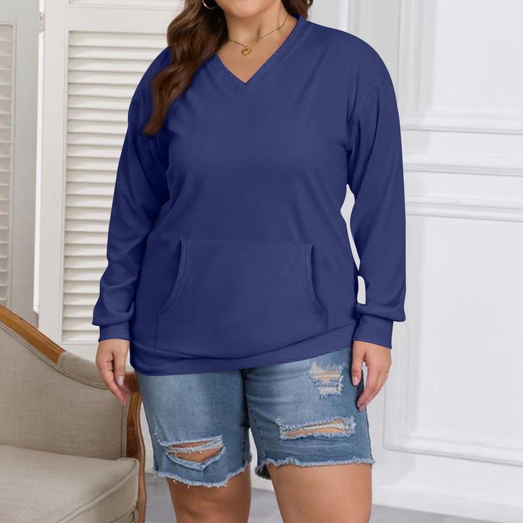Women's Fashion Casual Solid Color Long Sleeve Oversized Pocket Plus Size Top