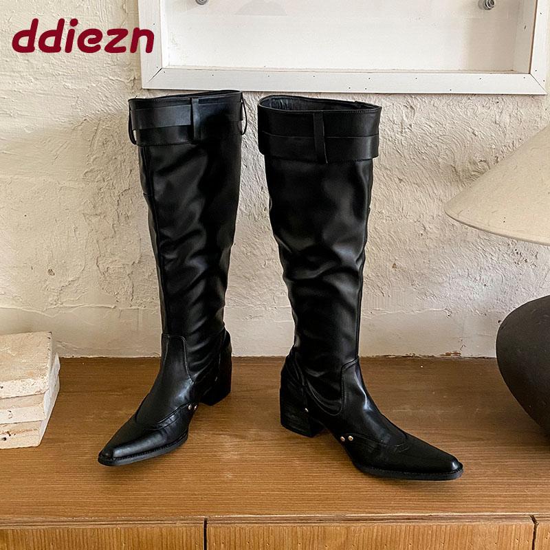 Fashion New Fashion Pointed Toe Modern Ladies Knee High Boots With Heels Shoes Female Buckle Footwear Women Western Long Booties Shoes