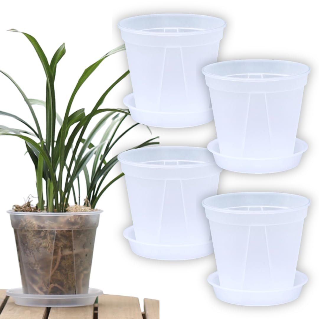 

так счастлив Цветок Прозрачный Пластик Прорезь Стильные Горшки для Орхидей с Набором из 4 Я Горшки, Горшки, Блюдца, (Размер 6)