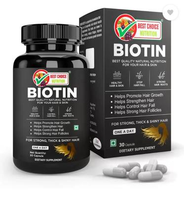 BEST CHOICE NUTRITION Biotina Máxima Potencia para Cabello Piel y Uñas 10000 mcg Biotina (30 cápsulas)