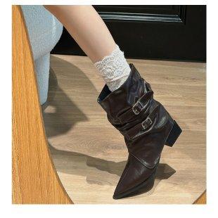 Vintage Pointed Toe Women Ankle Boots Fashion Rivet Slip On Shoes Female Thick Heel Western Cowboy Booties De