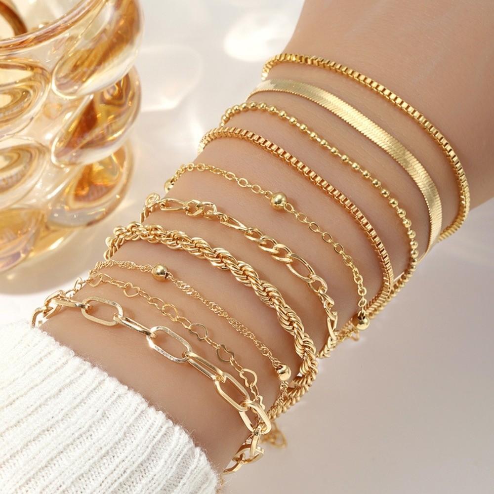 10Pcs/set Gold Color Snake Chain Bracelet Vintage Style Multi-layer Bracelet  Summer Jewelry