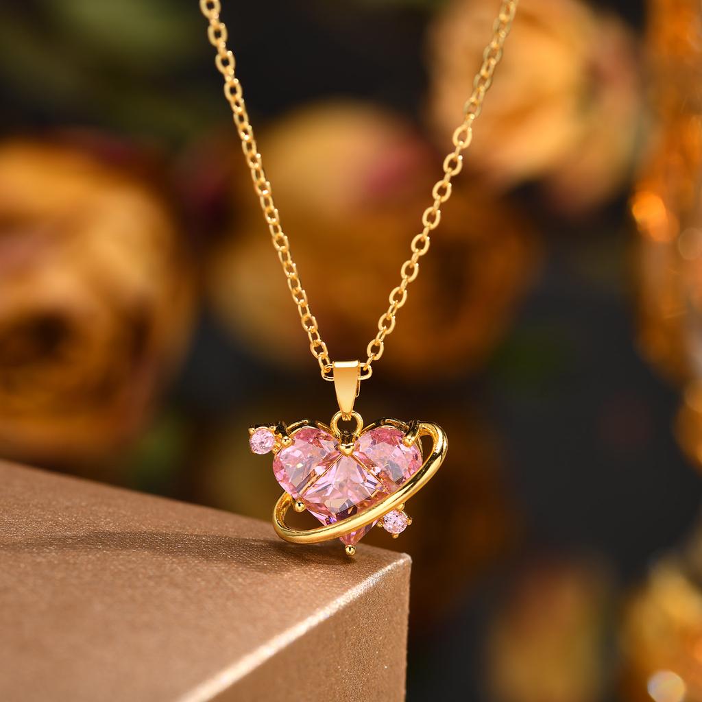 Pink Water Drop Zircon Pendant Necklace for Women Link Chain Tulip Flower Necklaces Luxury Daily Charm Jewelry Gift