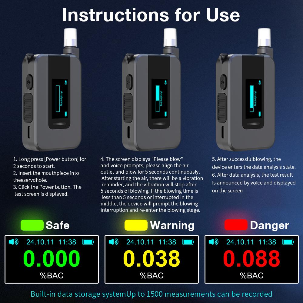 Portable Alcohol Tester Electrochemical Alcohol Detector Professional Breathalyzer LCD Display Drunk Driving Test Alcohol Meter
