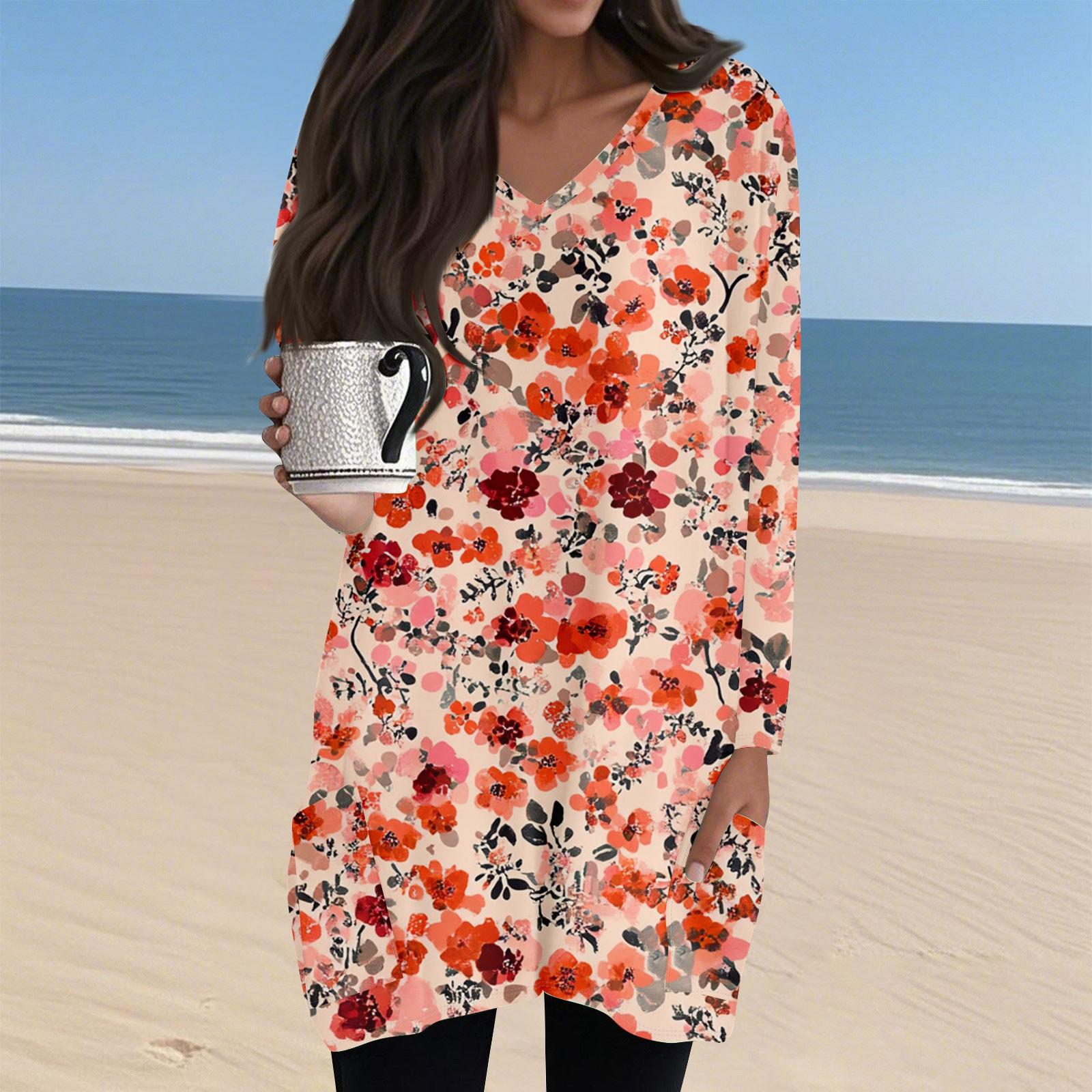 

Женский повседневный и модный топ с V-образным вырезом, цветочным принтом, средней длины, с карманом и длинными рукавами S киноварь