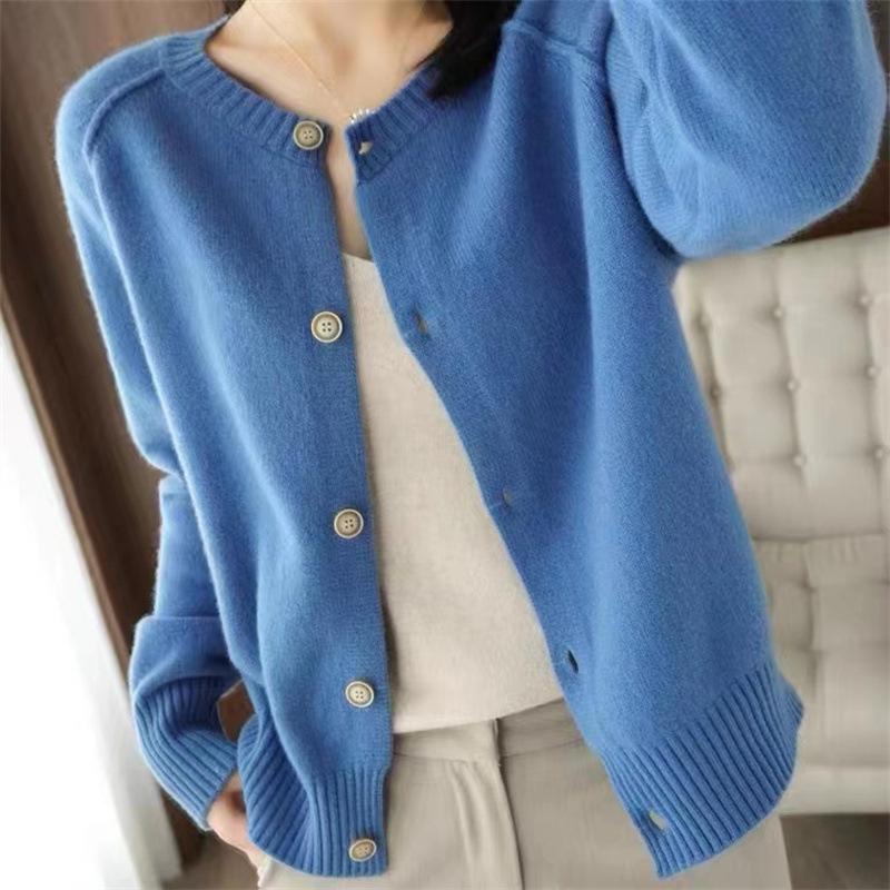 Autumn and Winter New Sweater Cardigan Women's Round Neck Loose Solid Color Knitted Sweater Jacket Top