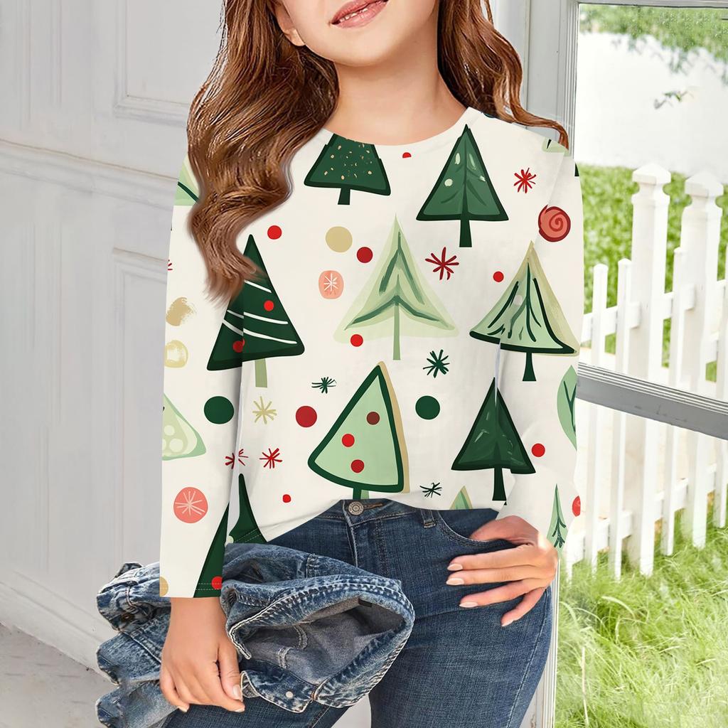 Girls Long Sleeve T Shirts Kids Fall Tops Crewneck Basic Tees Vintage Graphic Printing Top 5-14Y
