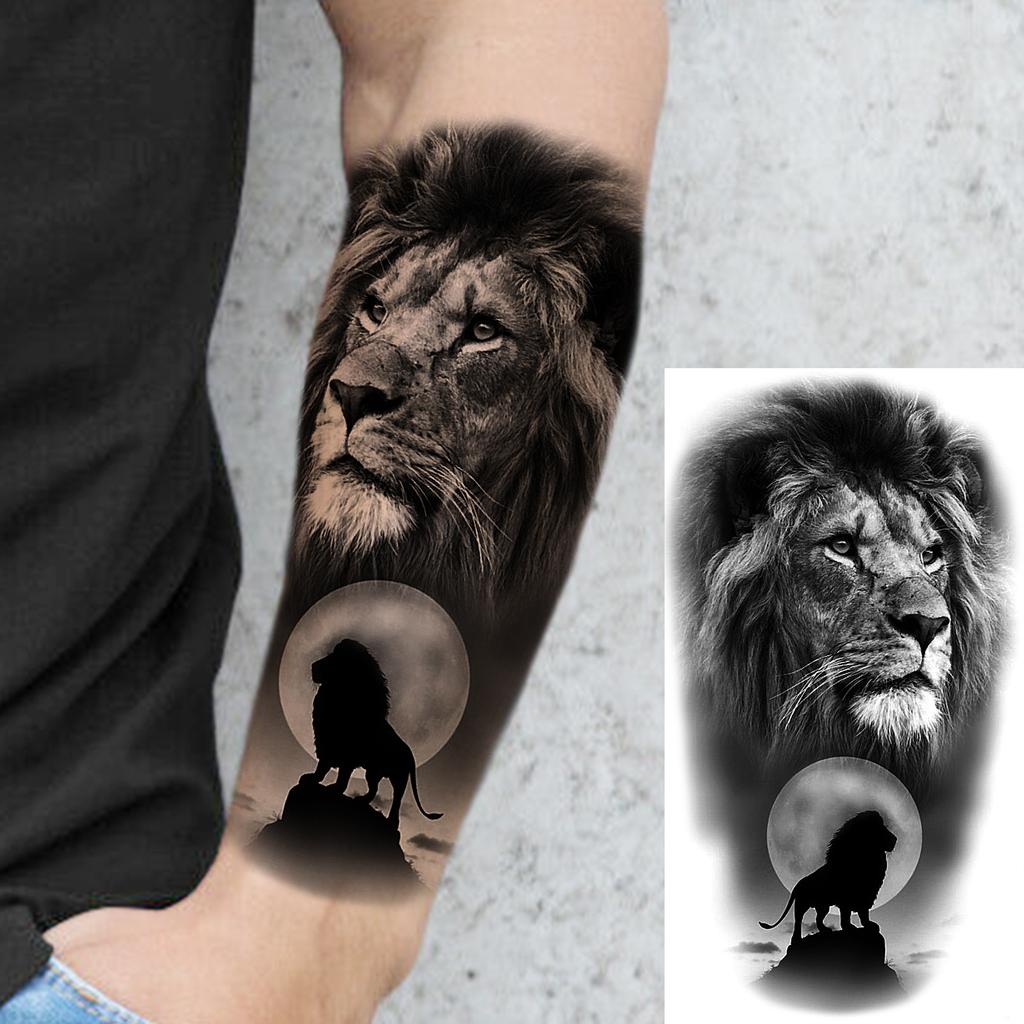 1 Sheet Lion Wolf Skeleton Nun Tiger Black Temporary Tattoos For Men Adult Leg Arm Compass Flower Fake Tattoo Sticker Waterproof