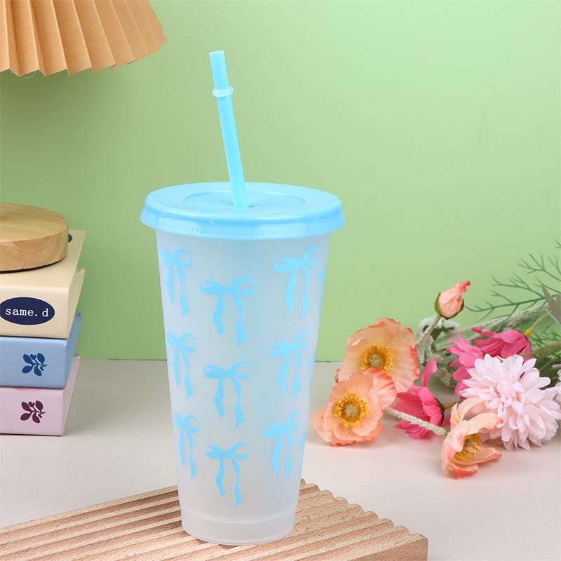 1Pc 710Ml Kawaii Bow Reusable Party Cups With Straw Lid Coffee Juice Tea Cute Tumbler With Straw Plastic Cups Summer Gifts