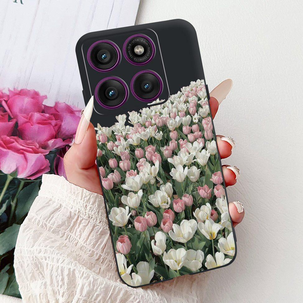 For Motorola Edge 60Pro XT2507-1 Back Cover For Motorola Edge 60 Pro Case Cute Cartoon Luxury Flower Painted Black Silicone 6.7"