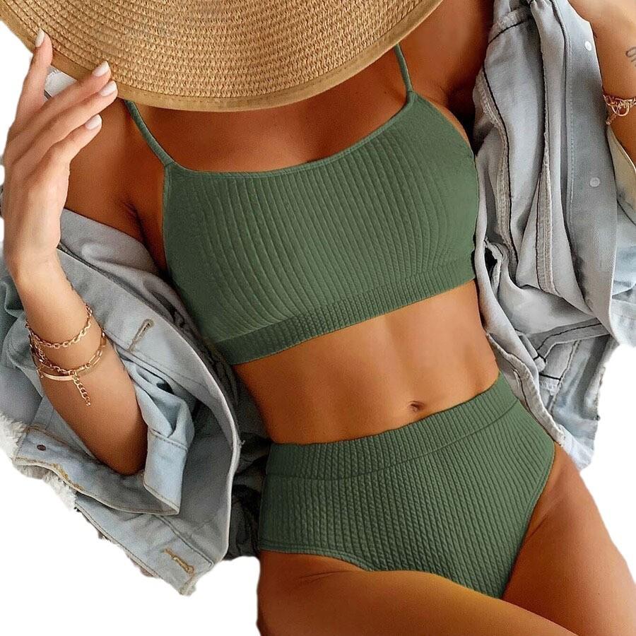 2025 Stylish European & American High-Waist Ribbed Bikini - Spiral Design, Sexy Solid Color