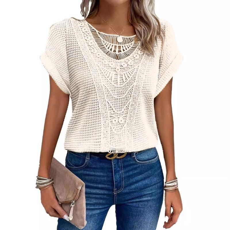 Women's Crochet Hollow T-shirt Summer New Short-sleeved Waffle Knitted Casual Top
