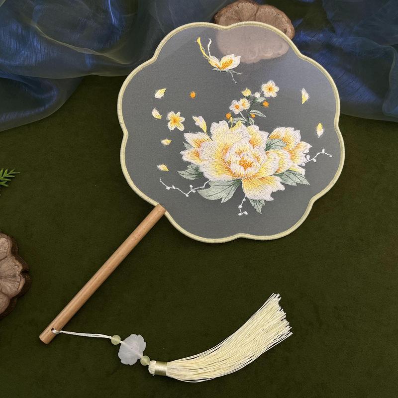 Evantai rotund brodat Su pe ambele fețe cu mâner din lemn și ciucure Perfect pentru Cosplay Hanfu Ședințe Foto Evenimente Tradiționale