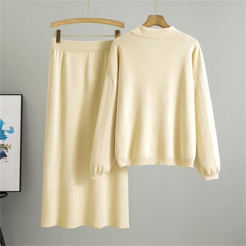Autumn Women's Collar Half Skirt Set Knitted POLO Collar Simple Hollow Solid Color Loose Long Skirt Set