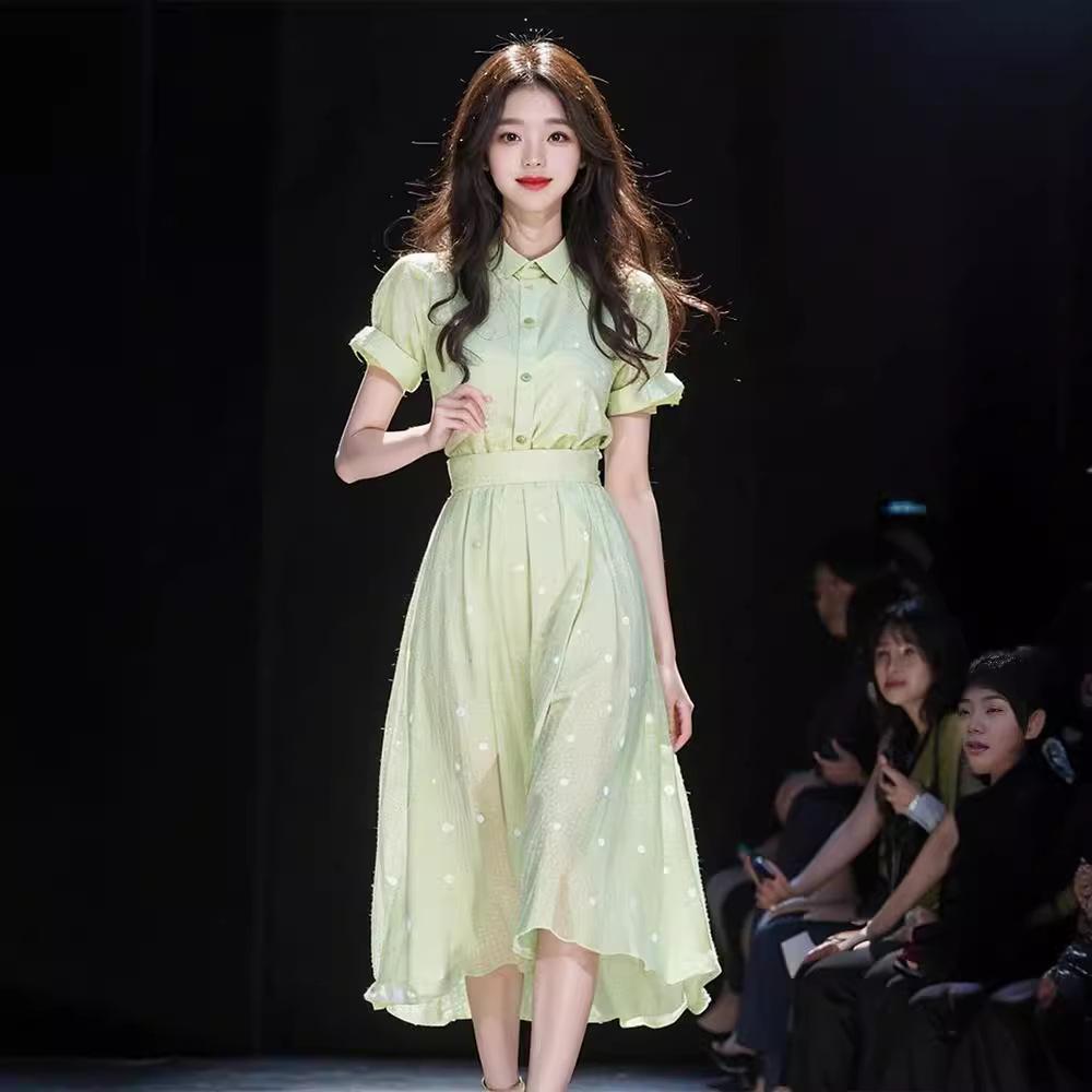 

2024 Summer Green Polka Dot A-Line Dress: Chic & Age-Defying Large