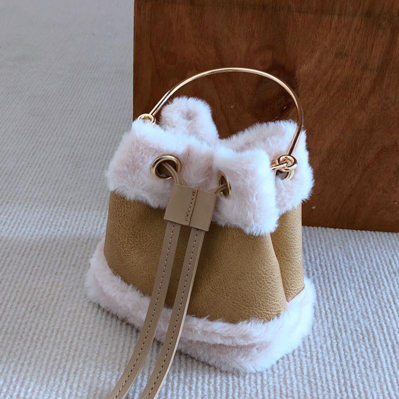 Plush Khaki Drawstring Bucket Handbag Women Panel Cloth Sweet Cute Shoulder Bags Ladies Soft Casual Versatile Crossbody Bag 2025