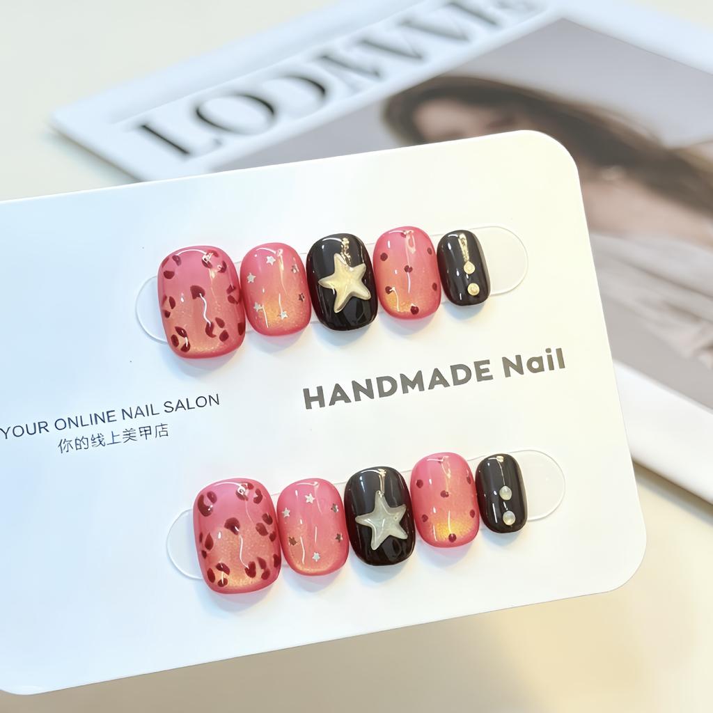 10 Pcs Short Oval Press On Nails Glossy Block Stripes And Star Designs Mix And Match False Nails For Women And Girls