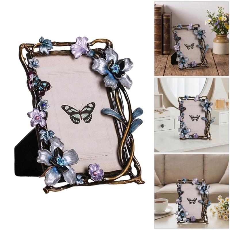 Elegant Emaille Bloemen Vogel Metalen Fotolijst Met Strass Accent Antiek Fotolijstje Voor Tafelblad Planken Decoraties