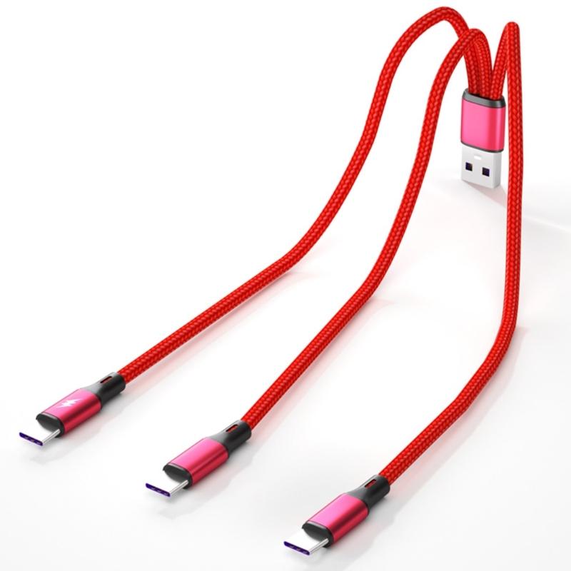 Quick Charging USB to 3x Type-C Cable Cord 5V Power Output 3-in-1 Nylon Braided Laptop Wire Black/Red