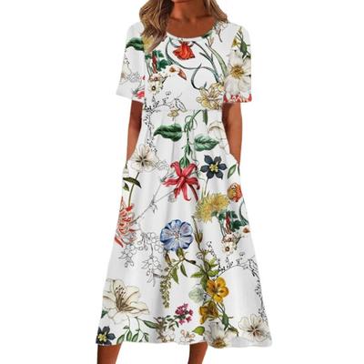 Popular Women's Loose Dress Crew Neck High Waist Vintage Style Stylish Floral Printing Women Dress for Vacation