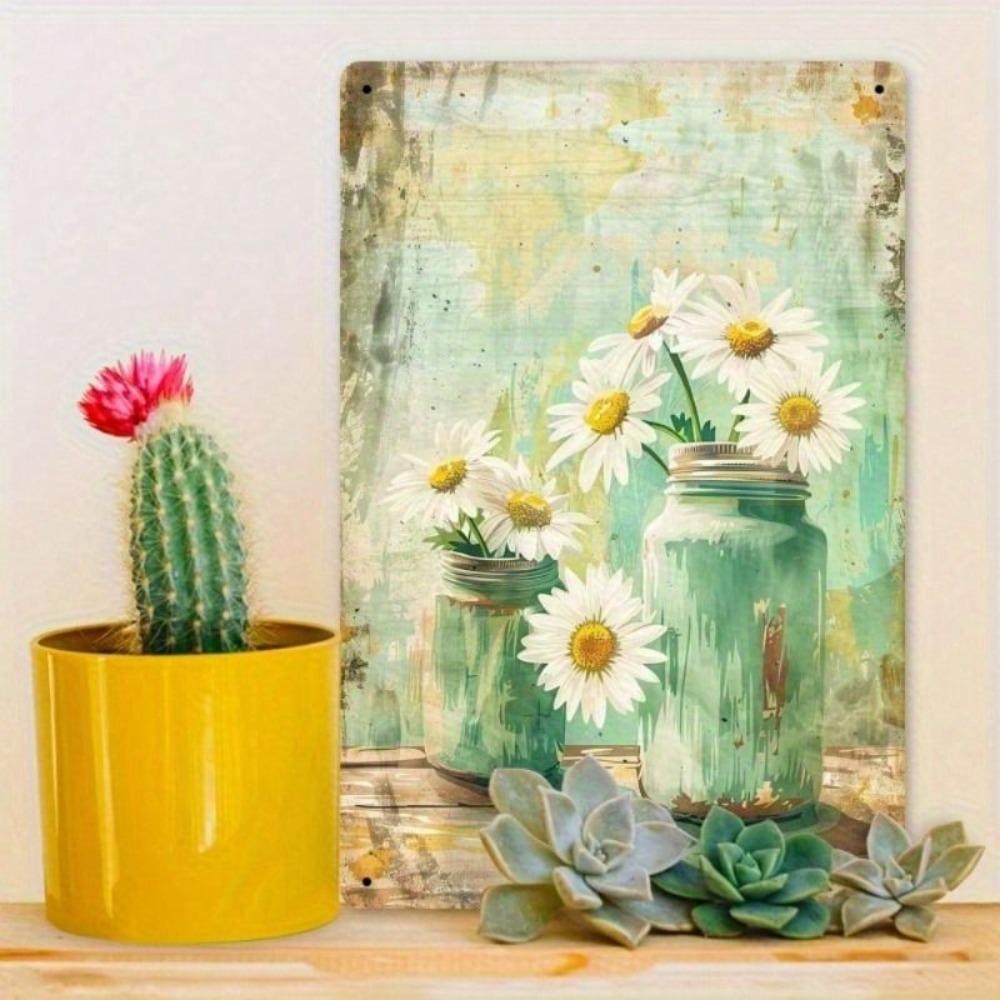 Tin Sign Daisy Flower in Glass Jar Wall Art Home Decor Metal Painting