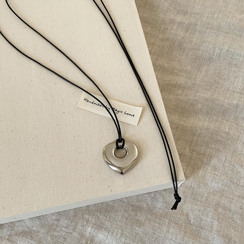 Colier lung cu frânghie din piele neagră, metal, gol lucios, lanț pentru gât, versatil, lanț pentru pulover