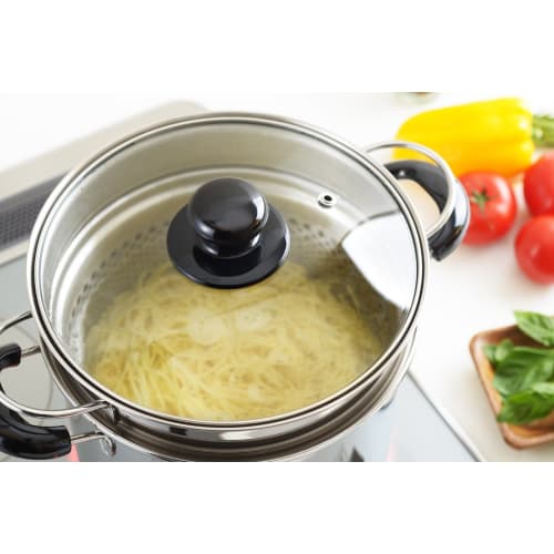 Yoshikawa CookLook II Pasta Pot, 22cm, 6.5L, with Glass Lid and Inner, Stainless Steel, Induction and Gas Compatible, Made in Japan, SJ2187