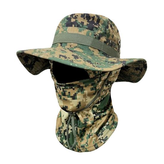Camouflage Sonnenhut mit Sturmhaube Gesichtsmaske, UV-Schutz Herren Hut mit breiter Krempe, Atmungsaktiver Fischerhut für Outdoor Angeln Wandern Radfahren
