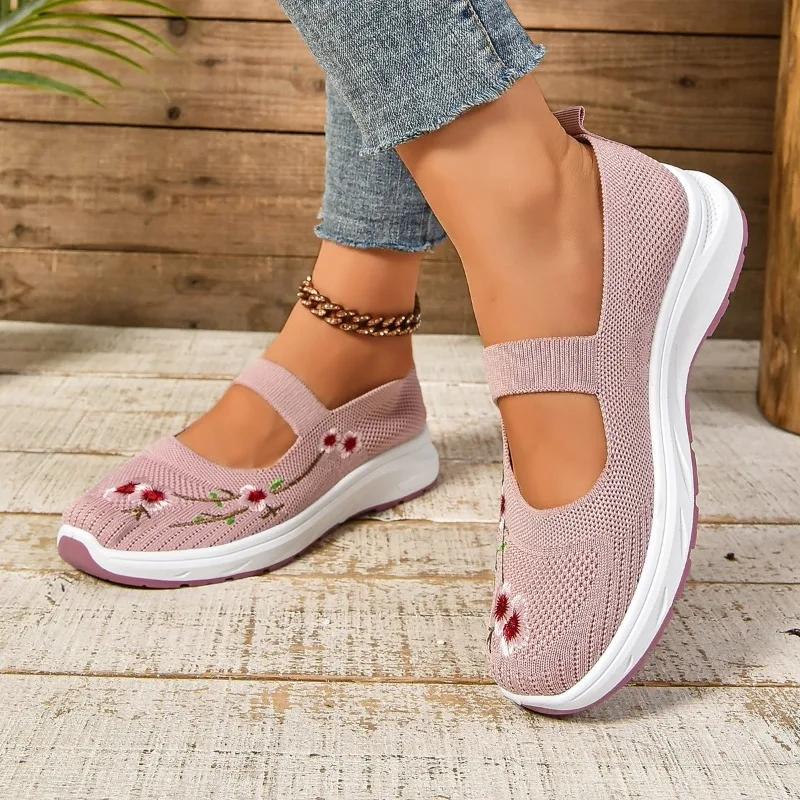 Fashion Ladies Shoes 2024 Elastic Band Women's Vulcanize Shoes Fashion Embroidered Ladies Casual Shoes Hot Sale Round Head Mesh Sneakers