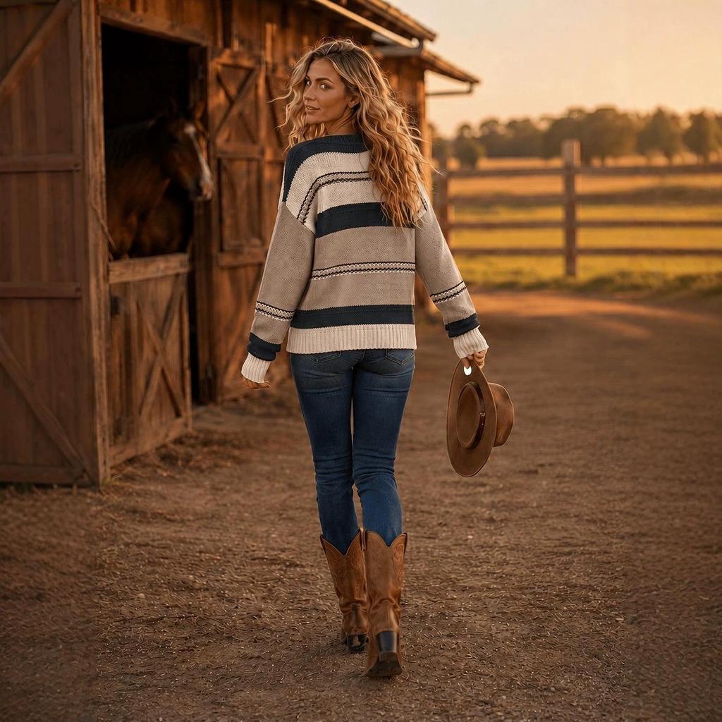 Women's Spring Autumn Color Block V-Neck Pullover Knitwear Sweater - Comfortable for Daily Commute