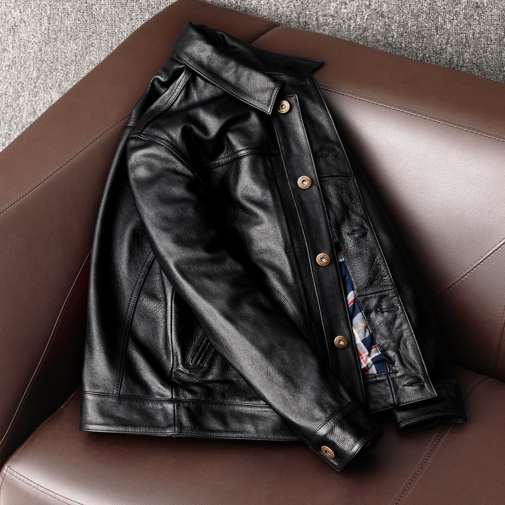 New Genuine Cowhide Leather Jacket for Men Big Size Denim Coat Fashion Casual Lapel Coat