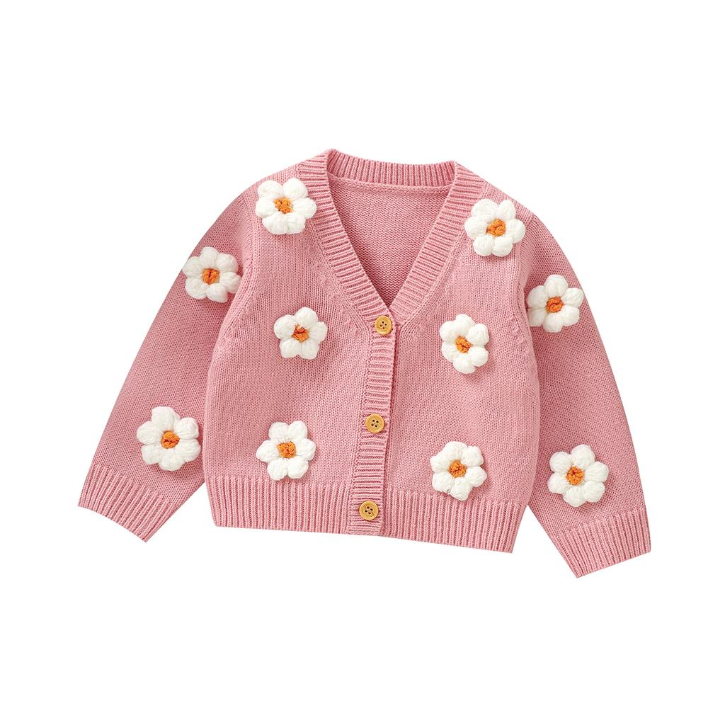 Sweet Long Sleeve V-neck Single Breasted Baby Girls Spring & Fall Coat Knitted Acrylic Babies Cardigan For 6-36 Months Newborn