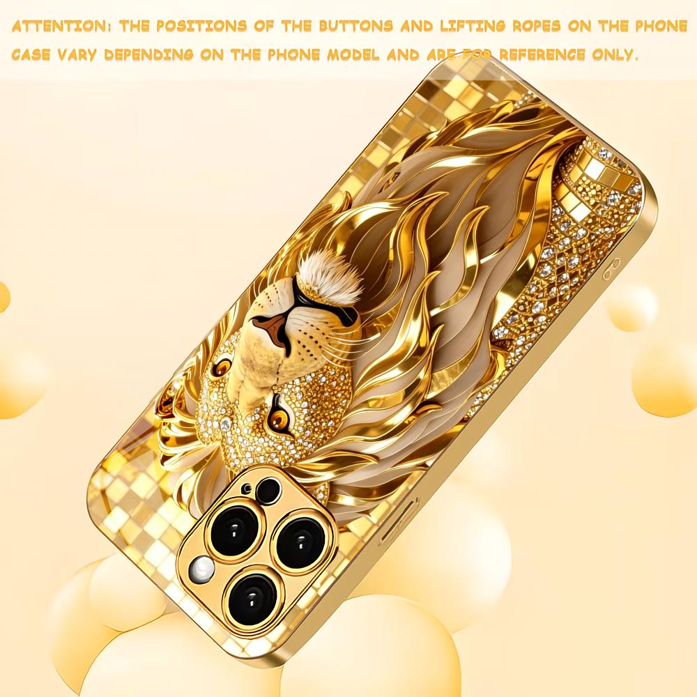 Majestic Golden Lion Metallic Glass Phone Case Suitable for iPhone 17 16 15 14 13 12 11 Pro Max Plus Anti Shock Back Cover
