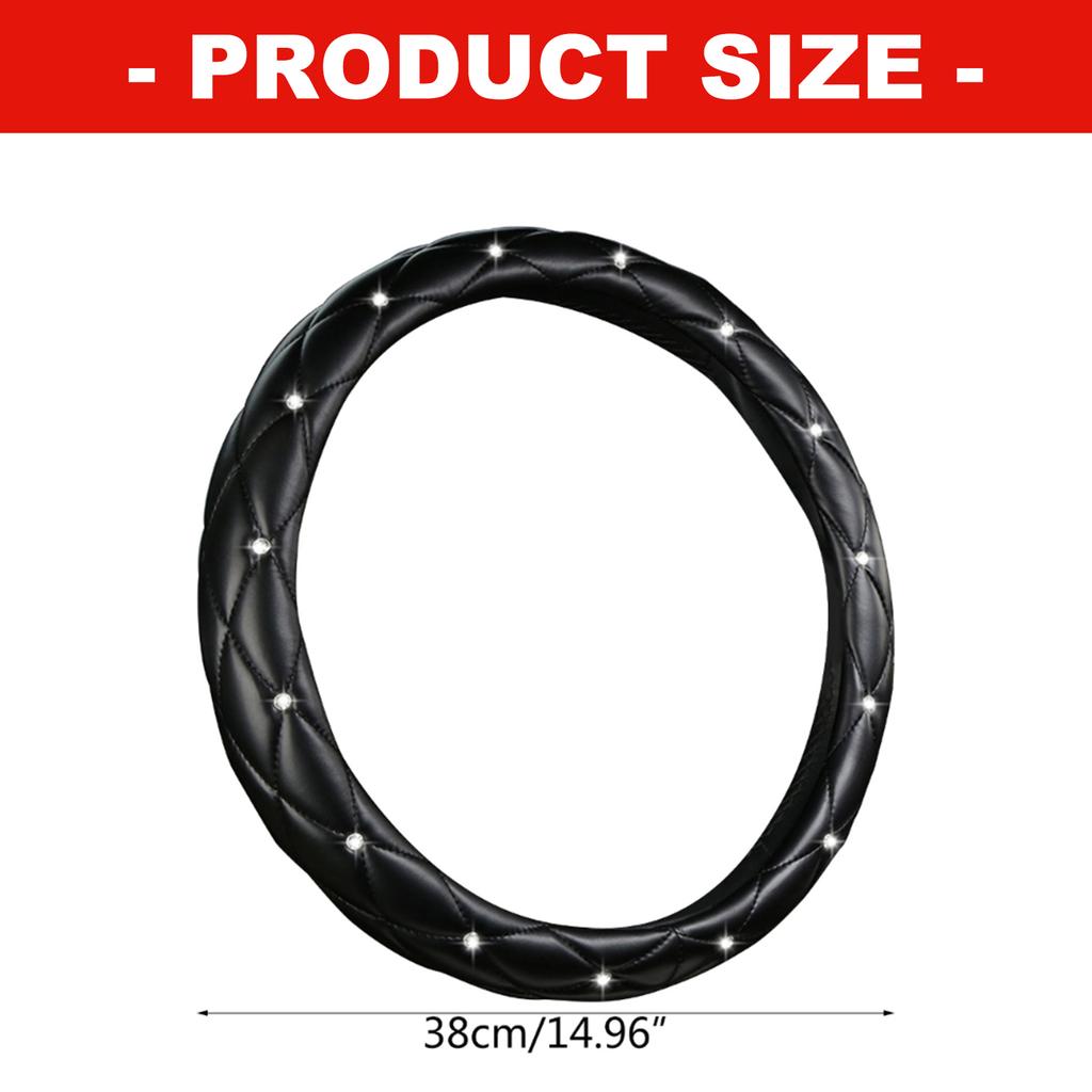Leather Steering Wheel Cover with Glittering Rhinestones Easy To Clean and Maintain for 14.5-15inch Vehicle