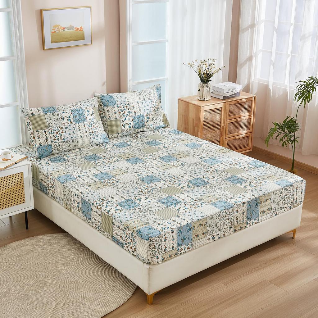 Simple Plant Flower Pattern Bed Hat Three-Piece Digital Printing Bedding Set Adult Children