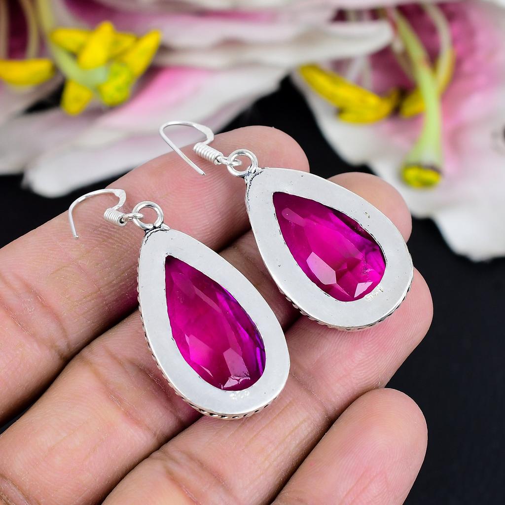 Pink Rubillite Gemstone Handmade 925 Sterling Silver Jewelry Earring 1.97" KG-1784
