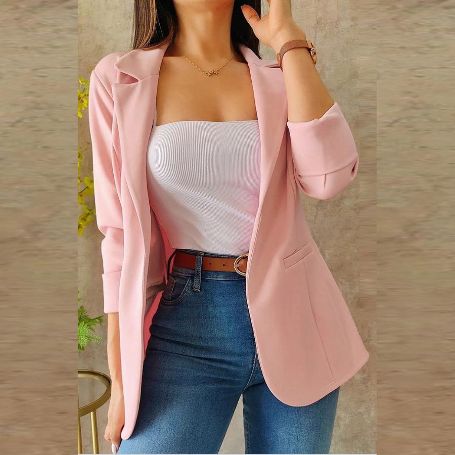

Осінній суцільний мінімалістичний піджак з довгим рукавом і коміром, піджак, жіноче пальто, одяг M рожевий