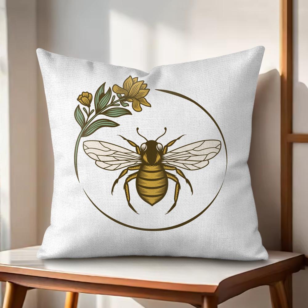 Bee Art Botanical Cushion Cover Natural Linen Organic Fabric DoubleSided Printing Couch Pillow Covers Home Decor