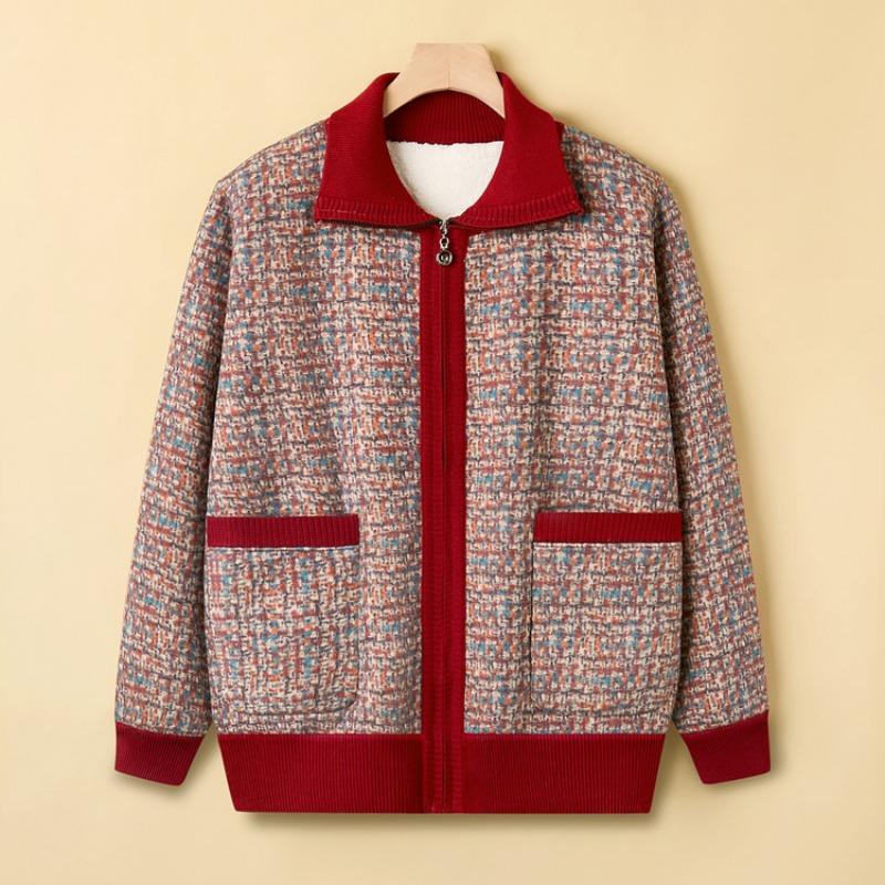 Autumn and Winter New Middle-aged and Old Knitted Sweater Female Mother Fleece Thickened Cardigan Thermal Top Grandma Coat