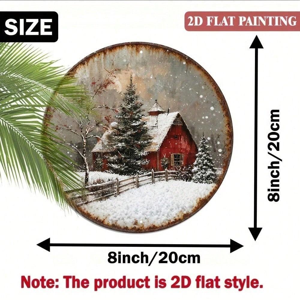Vintage Red Barn Winter Landscape Metal Round Wall Sign, Rustic Snowy Farmhouse Christmas Art, 8 Inch Aluminum Hanging Decor
