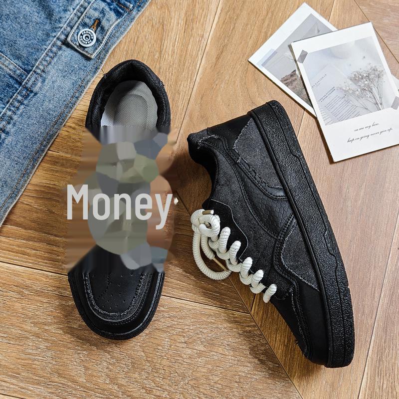 Men's Thick-Soled Black Low-Top Sneakers - Autumn Wear-Resistant, Soft-Soled, Versatile, Height-Boosting & Trendy Footwear for Students.