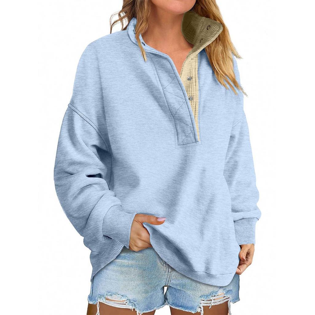 Women's Fashion Long Sleeve Solid Color Pullover Sweatshirt Casual Loose Button Sweatshirt