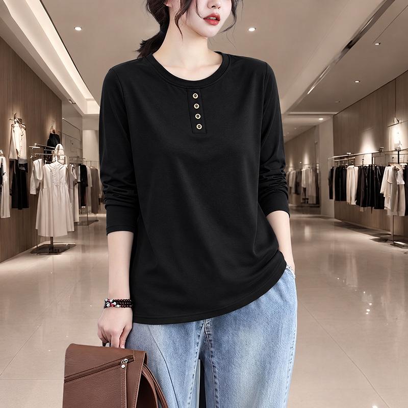 Women’s 2024 Spring/Autumn Long-Sleeve Solid Color Slim-Fit Button Top