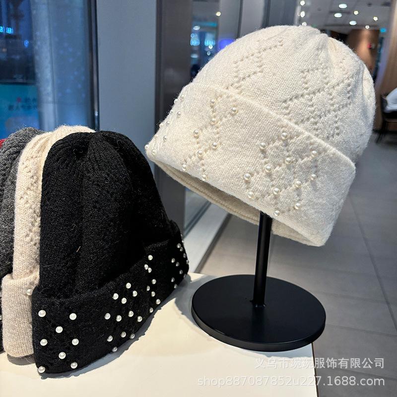 Autumn and Winter New Versatile Warm Wool Hat Men's and Women's Outdoor Pearl Knitted Ear Protection Face Small Pullover Hat Cold Hat