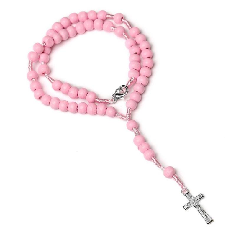 Colliers Rosaire en Bois Catholiques Croix Chaîne Religieuse Souvenirs d'Église Pendentif de Prière Bijoux pour Femme Fille Cadeau