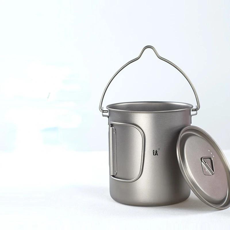 Portable Water Cup with Lid, Foldable Handle, 900ml/1600ml, Camping Pot, Hanging, Outdoor Tableware, Picnic Cookware