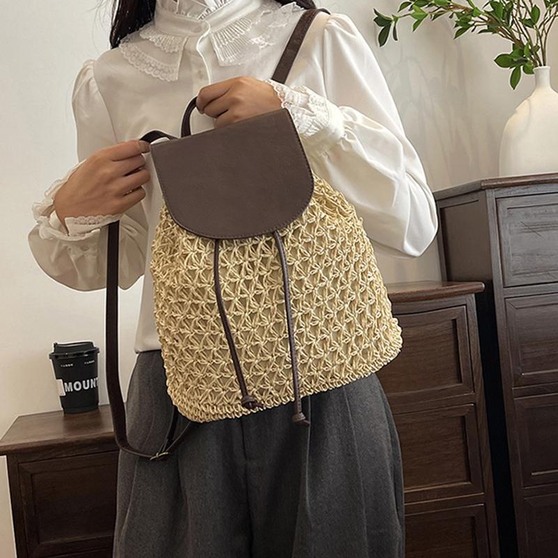 Summer Women Drawstring Straw Backpack Daypack Weaving Shoulder Bag Small Knapsack Mochila