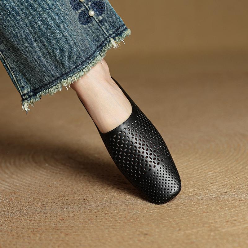 Fashion 2025 New Genuine Leather Hollow Out Mueller Slippers Woman Round Toe Slip-on Casual Shoes Summer Shoes Outdoors Walk Shoes Woman