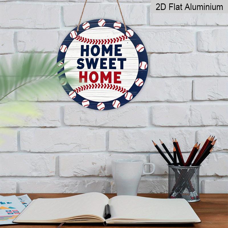 2D Flat 1pc, 8x8 in, Sweet Home Round Aluminum Metal Sign - Vibrant Baseball & Greenery Design, Rustic Blue & White Wall Art for Living Room