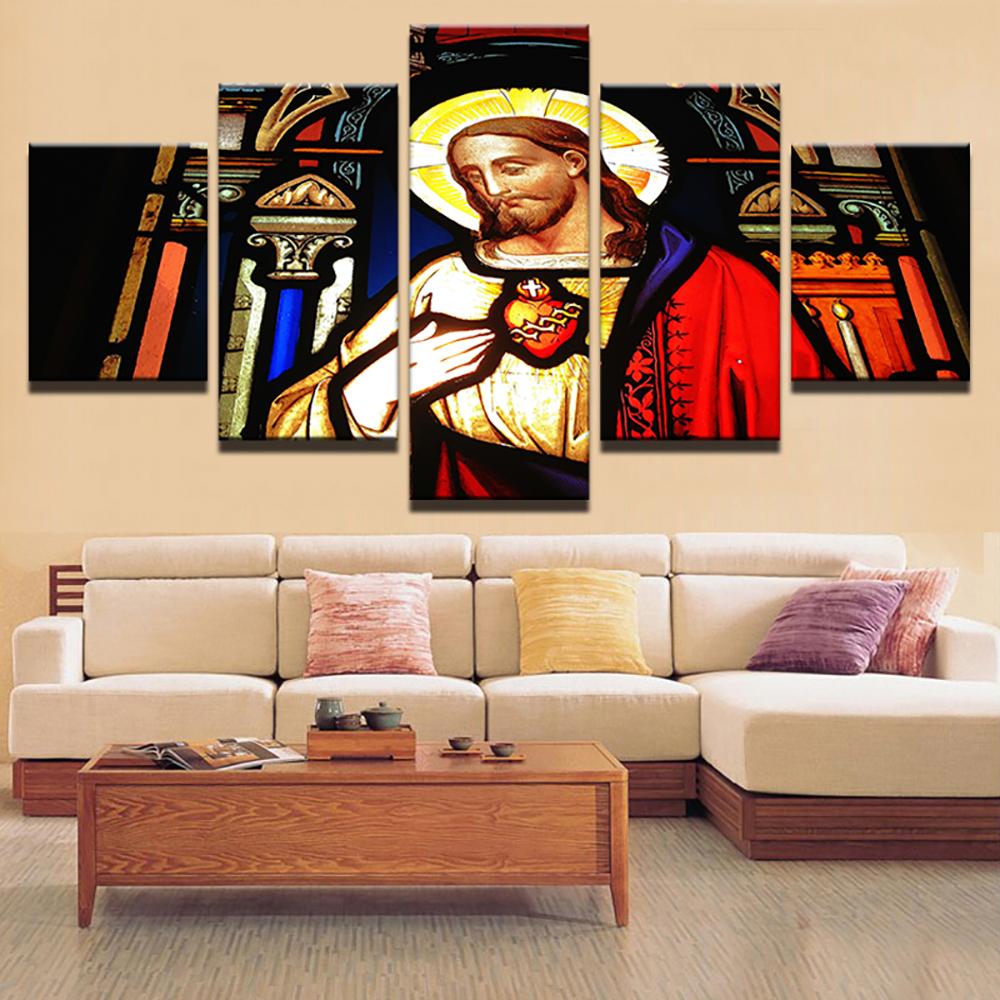 

5 Pieces Canvas Wall Art Poster Painting Sacred Heart Of Jesus Wallpaper Home Decoration Living Room Picture Print Bedroom Mura 20X35 20X45 20X55CM